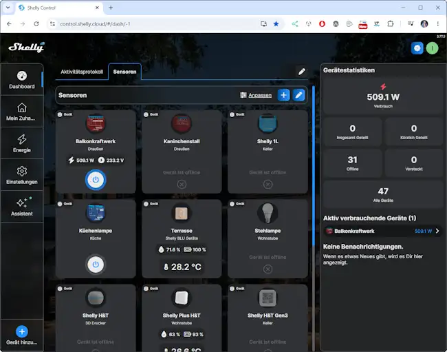 Dashboard der Shelly Cloud im Webbrowser mit Übersicht über Geräte, Räume und Automationen