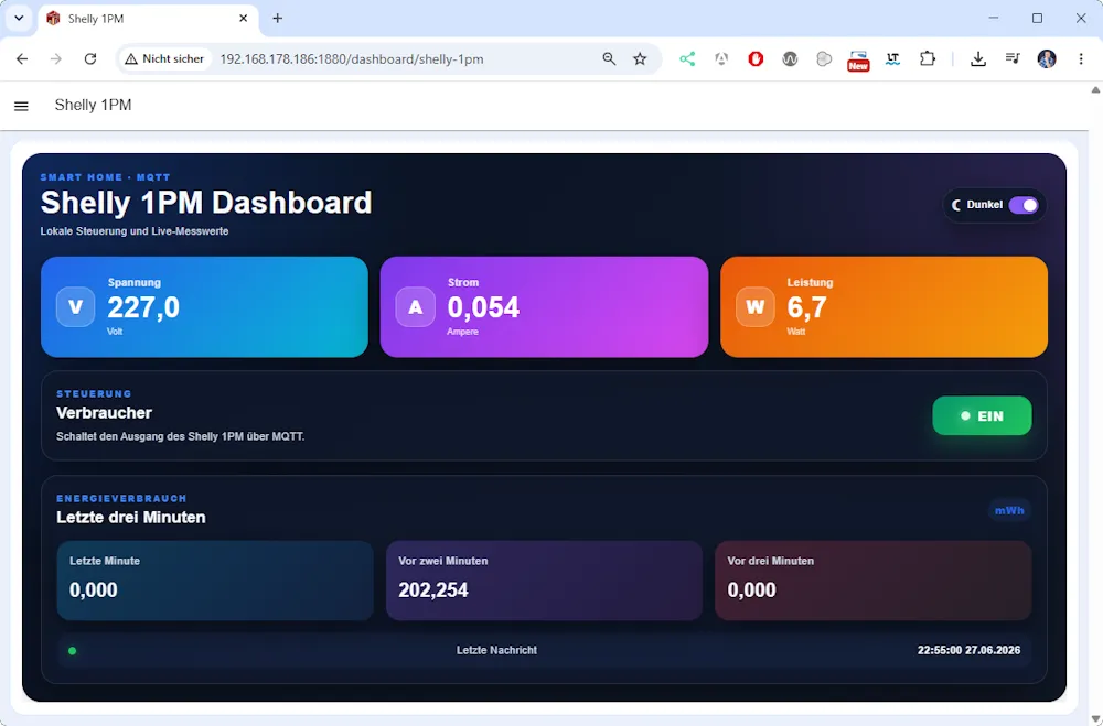 Node-RED Dashboard für einen Shelly 1PM mit eingeschaltetem Verbraucher, Messwerten und aktivem Dark Theme