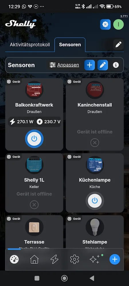 Dashboard der Shelly Smart Control App mit Übersicht über verbundene Shelly-Geräte