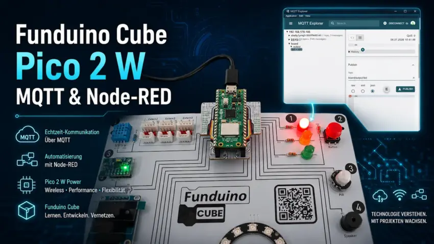 Funduino Cube mit Raspberry Pi Pico 2 W und Adapterplatine, gesteuert per MQTT und Node-RED