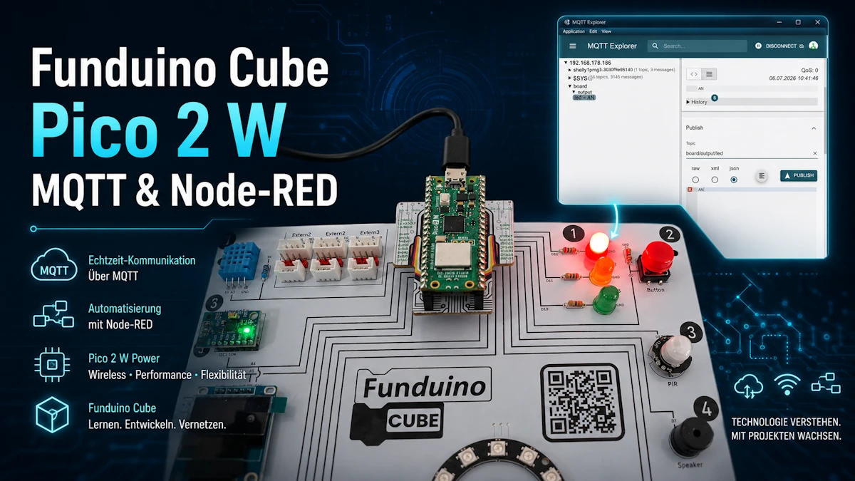 Funduino Cube mit Raspberry Pi Pico 2 W und Adapterplatine, gesteuert per MQTT und Node-RED