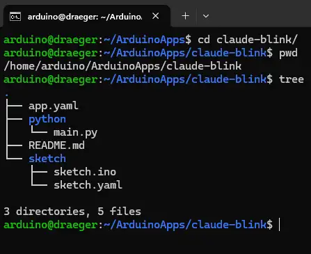 Terminalansicht der Projektstruktur von claude-blink mit app.yaml, Python-Datei und Arduino-Sketch