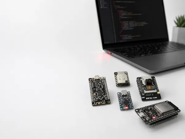 Verschiedene ESP32-Entwicklungsboards auf einem modernen Arbeitsplatz