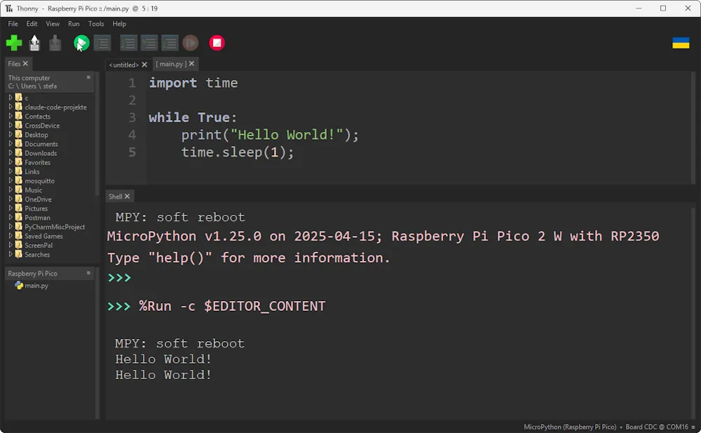 Thonny - einfaches Hello World für Raspberry Pi Pico 2 W mit Micropython