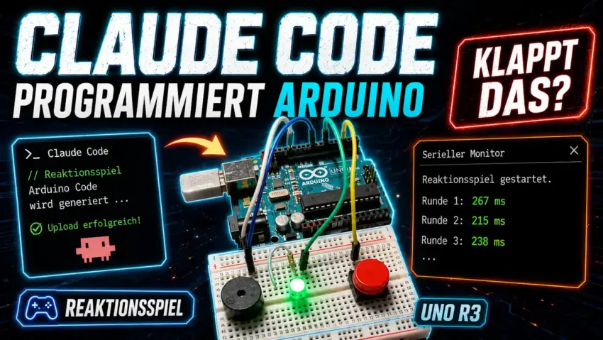 Thumbnail zum Blogbeitrag über ein Arduino-Reaktionsspiel mit Claude Code auf einem Arduino UNO R3
