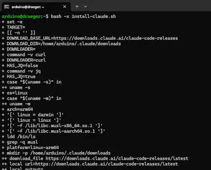 Ausführen des Claude-Code-Installationsskripts mit Bash auf dem Arduino UNO Q