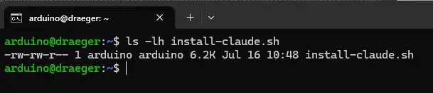 Prüfung der heruntergeladenen Datei install-claude.sh auf dem Arduino UNO Q