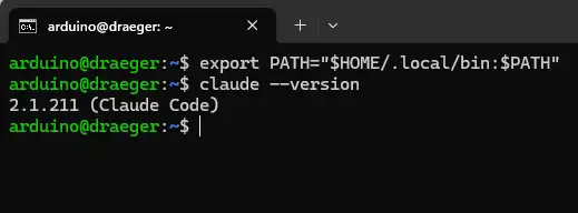 Terminalausgabe nach dem Ergänzen des PATH mit anschließend angezeigter Claude-Code-Version auf dem Arduino UNO Q