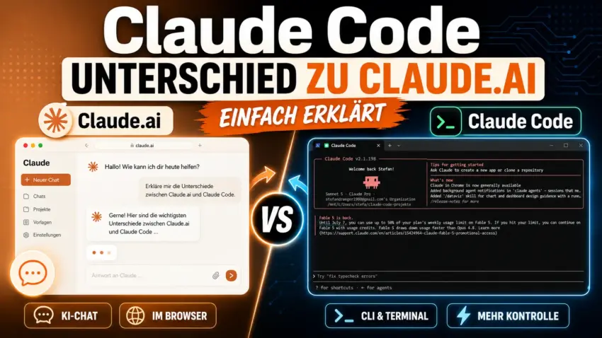 Vergleich zwischen Claude.ai und Claude Code mit Chat-Oberfläche und Claude Code CLI unter WSL auf Windows