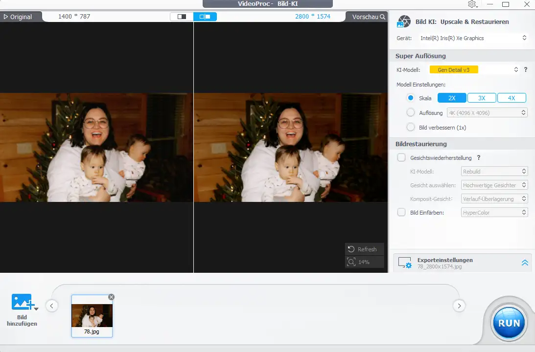 VideoProc Bild KI mit importiertem Foto, Gen Detail V3 und zweifacher Hochskalierung