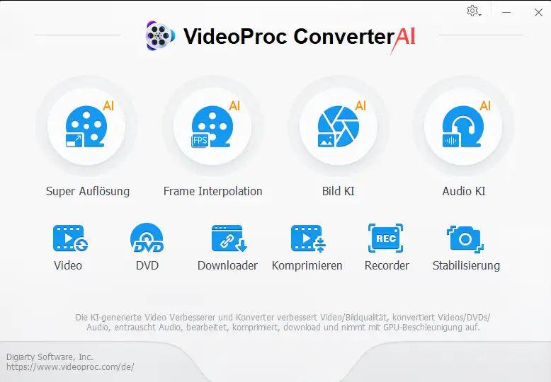 Startbildschirm von VideoProc Converter AI mit Super Auflösung, Bild KI, Audio KI und weiteren Werkzeugen