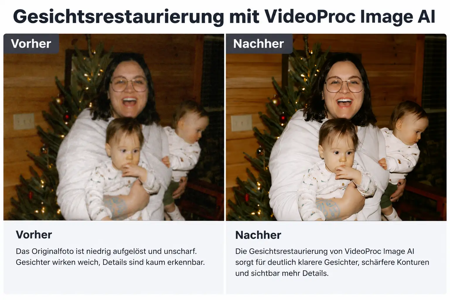 Vorher-Nachher-Vergleich einer Gesichtsrestaurierung mit VideoProc Converter AI