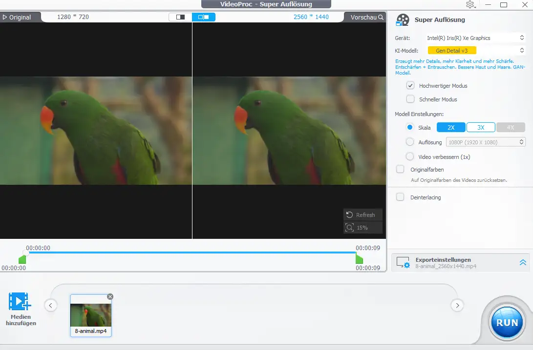 VideoProc Converter AI mit Super Auflösung, Tiermotiv in der Vorschau und Gen Detail V3 als KI-Modell