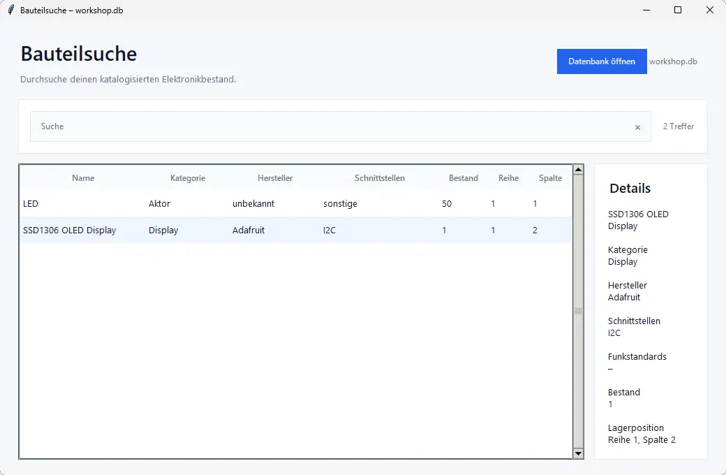 Python-App zur Suche nach Elektronikbauteilen in der SQLite-Datenbank mit Bestand und Lagerposition
