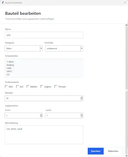 Eingabemaske zum Anlegen und Bearbeiten eines Elektronikbauteils mit Kategorie, Hersteller, Schnittstellen, Funkstandards, Bestand und Lagerposition