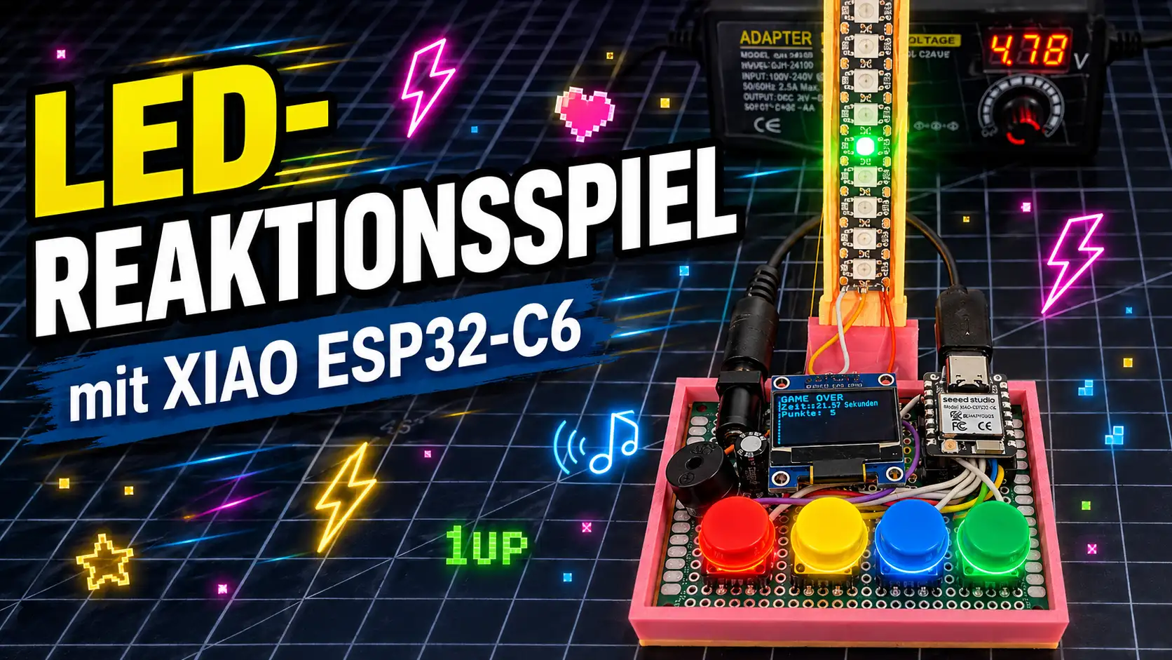 LED-Reaktionsspiel mit XIAO ESP32-C6, WS2812B LED-Streifen und vier farbigen Tastern