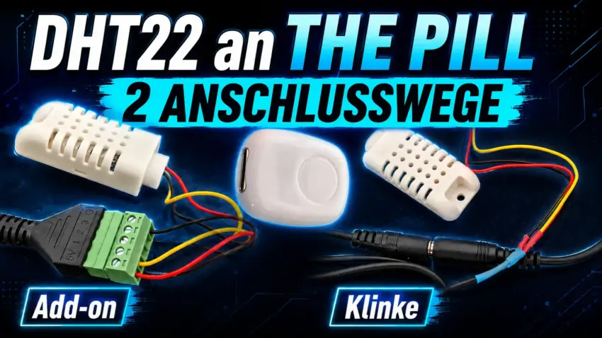 DHT22 Sensor an Shelly The Pill mit zwei Anschlussmöglichkeiten über 5-Terminal Add-on und 3,5-mm-Klinkenstecker.