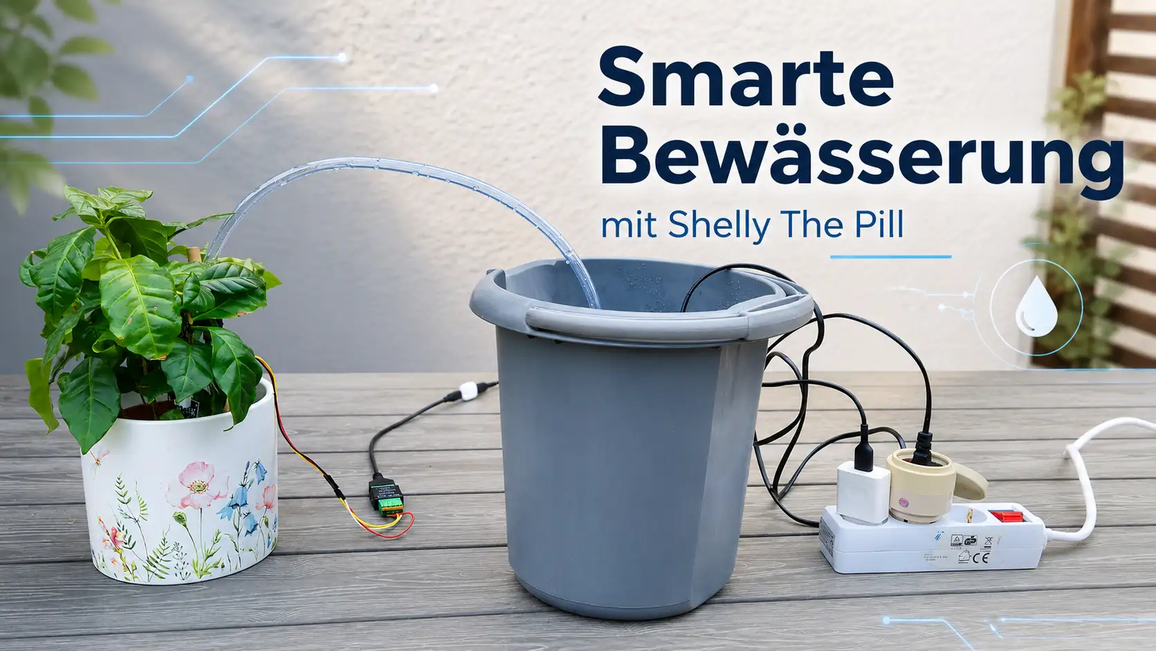 Zimmerpflanze mit Bodenfeuchtesensor, Wasserbehälter und kleiner Pumpe für eine smarte Bewässerung mit Shelly The Pill