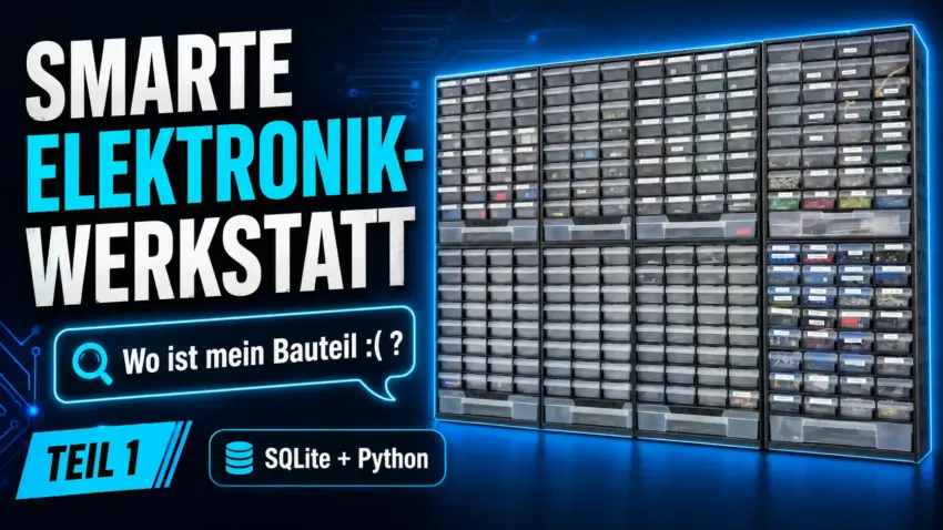 Kleinteilemagazine für Elektronikbauteile mit dem Schriftzug Smarte Elektronik-Werkstatt sowie dem Hinweis Wo ist mein Bauteil und SQLite plus Python