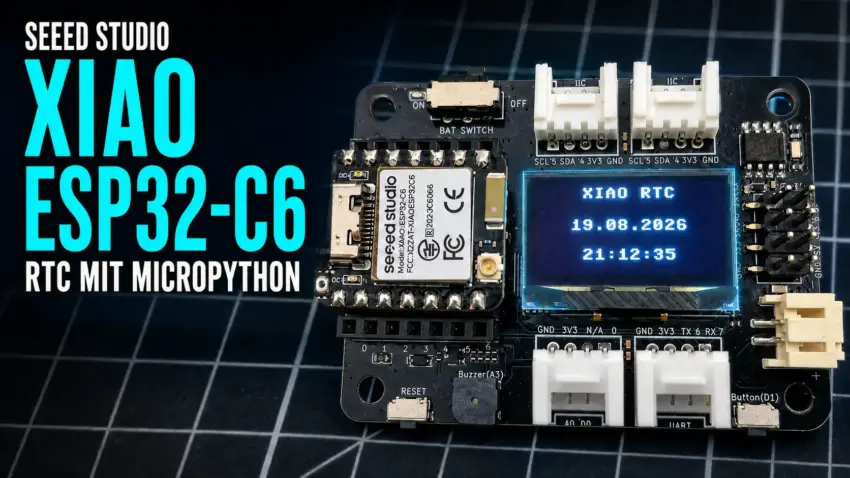Seeed Studio XIAO ESP32-C6 auf dem Expansion Board mit Datum und Uhrzeit auf dem OLED-Display