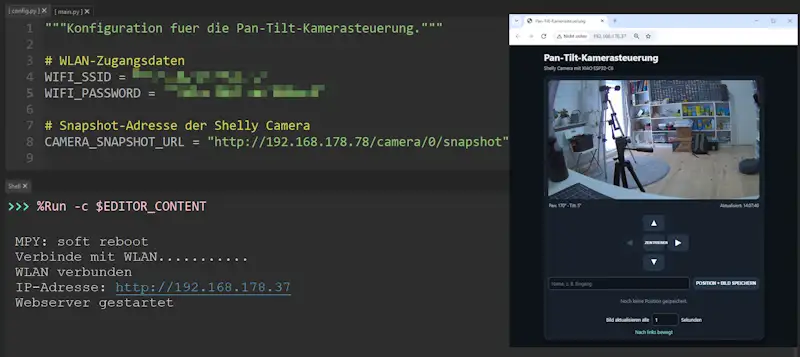 Pan-Tilt Projekt unter Thonny gestartet und im Browser geöffnet