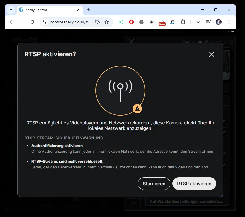 RTSP Stream der Shelly Camera aktivieren