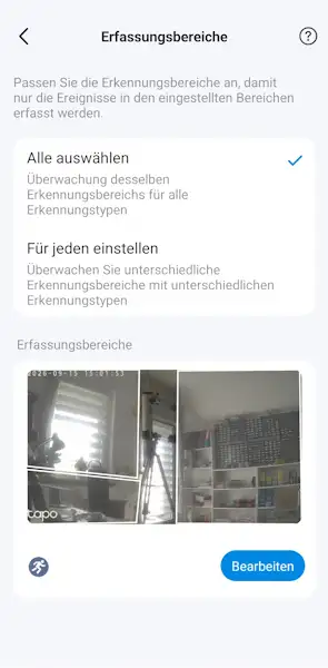 TP-Link App - Aktivitätszonen für Bewegungserkennung