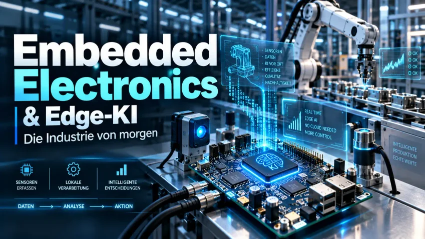 Thumbnail zu Embedded Electronics und Edge-KI in der Industrie mit Mikrocontroller-Board, Sensoren und Roboterarm in moderner Fabrikumgebung