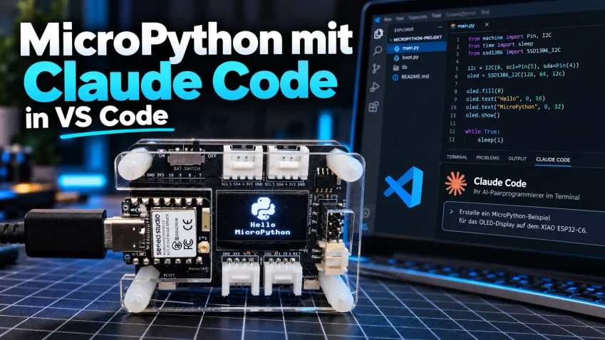 XIAO ESP32-C6 mit Expansion Board vor einem Laptop mit VS Code und Claude Code