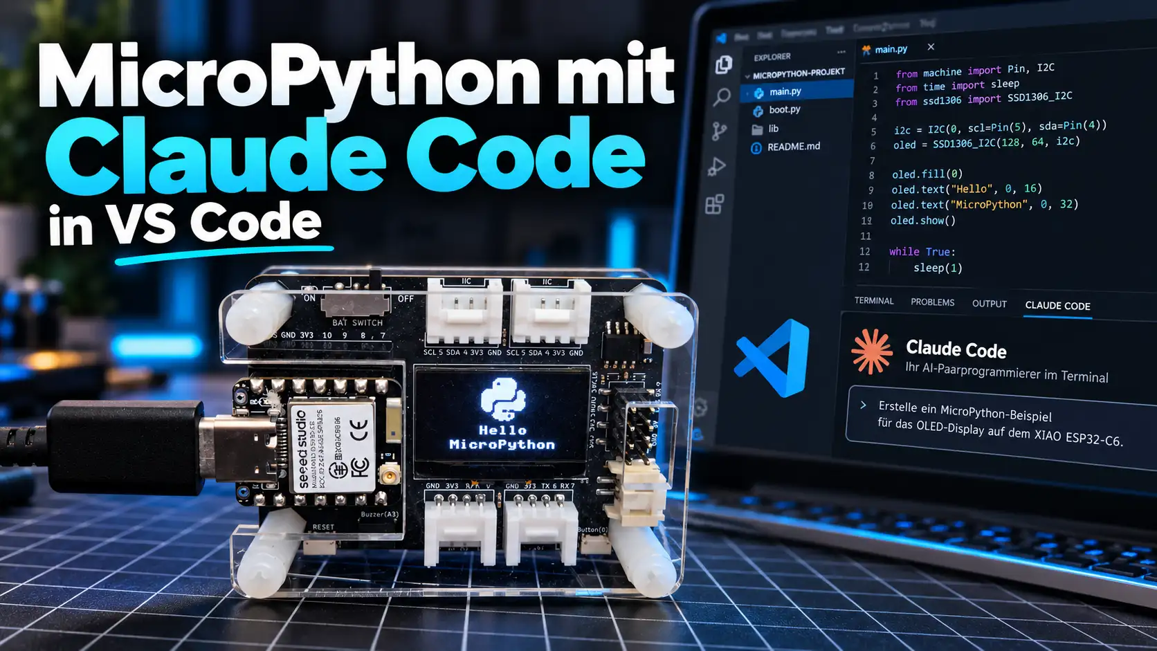 XIAO ESP32-C6 mit Expansion Board vor einem Laptop mit VS Code und Claude Code
