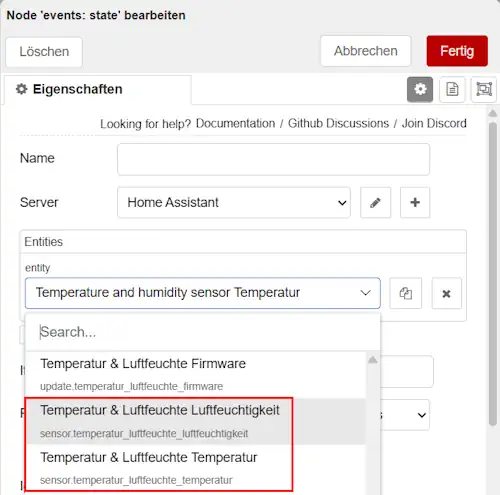 Auswahl des Sensorwertes in der Event-State Node