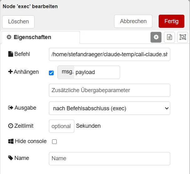 Einstellung der exec Node für die übergabe eines Payloads