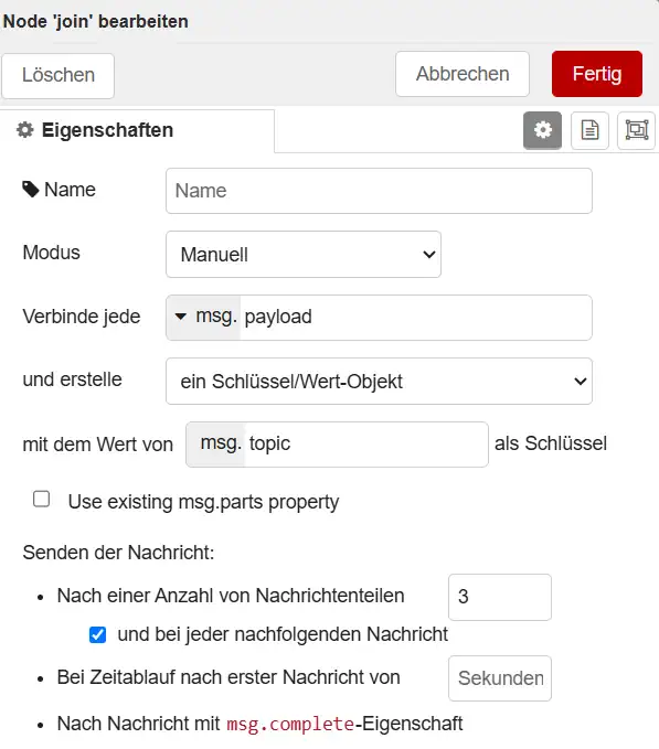 Einstellung der join Node zum zusammenfassen von drei Nachrichten