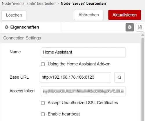 Einstellung für Home Assistant Server in Node-RED