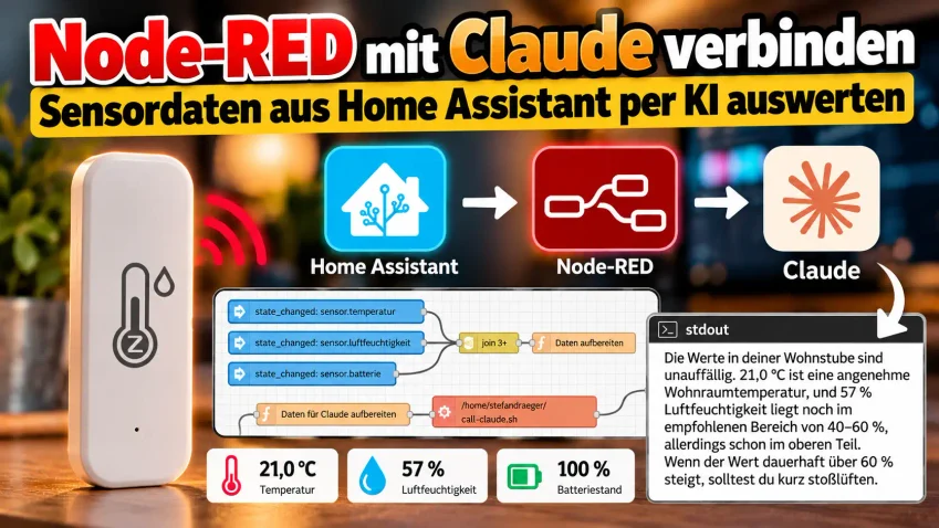 Node-RED, Home Assistant und Claude im Zusammenspiel: Sensordaten werden automatisch aufbereitet und von der KI bewertet.