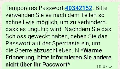 WhatsApp Nachricht zum teilen eines Temporären Passworts