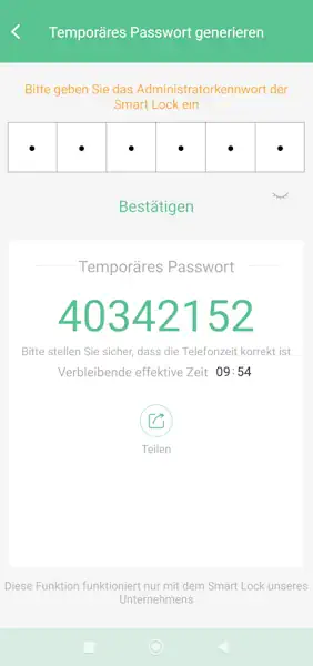 erzeugen eines temporären Passworts in der App esmartLock Step #2 - Anzeige des PWs